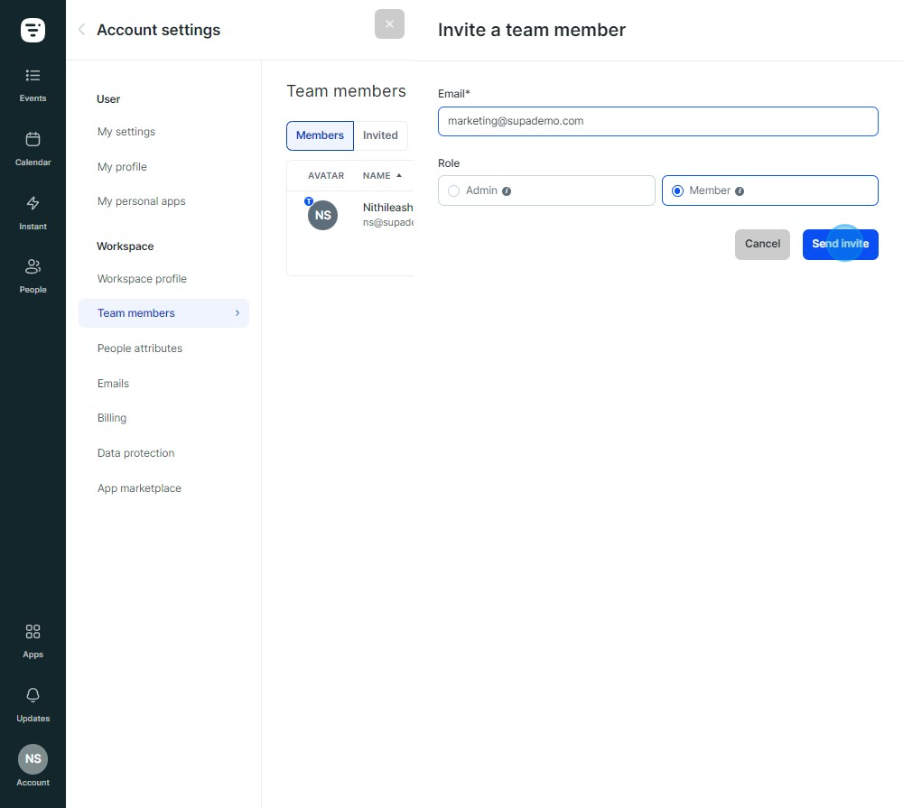 6 Click on "Send invite"