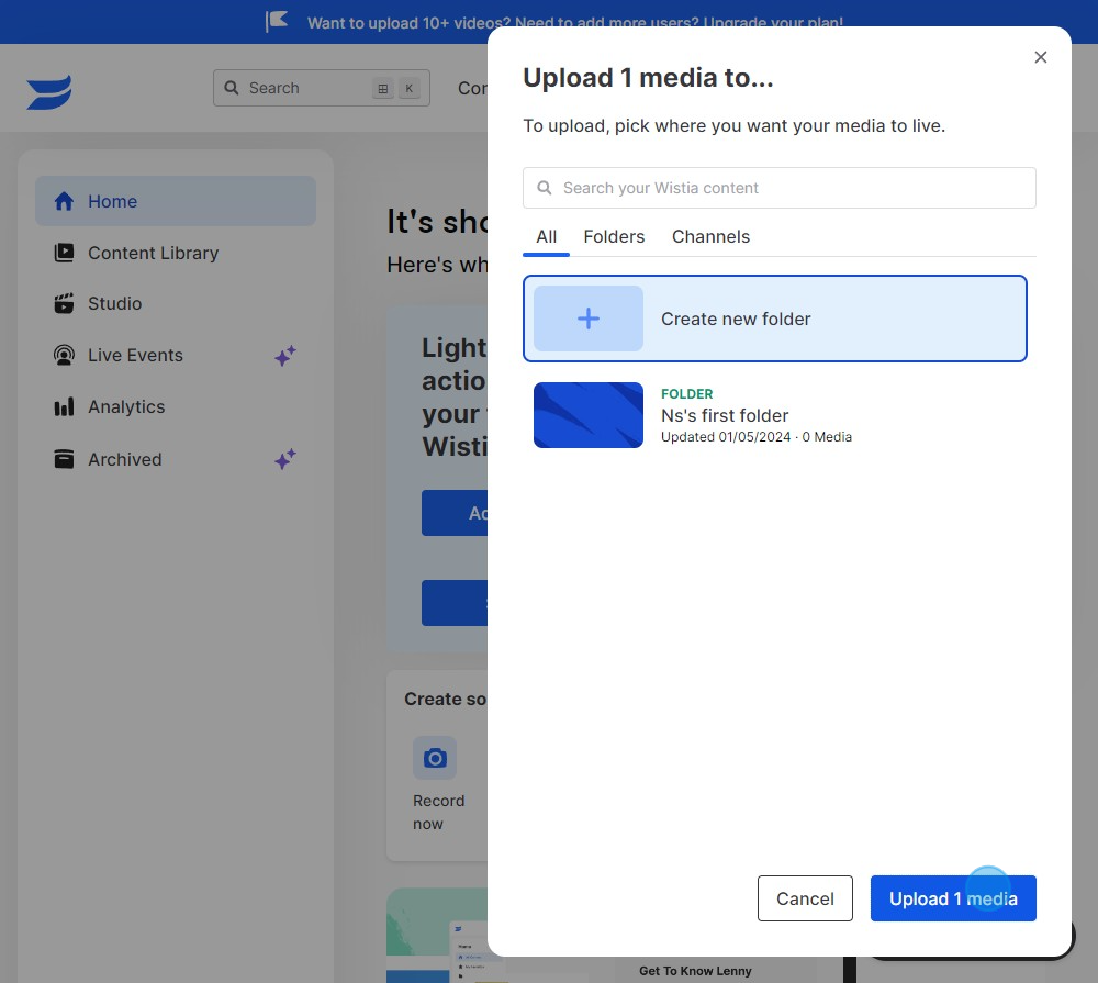 4 Click on "Upload 1 media"