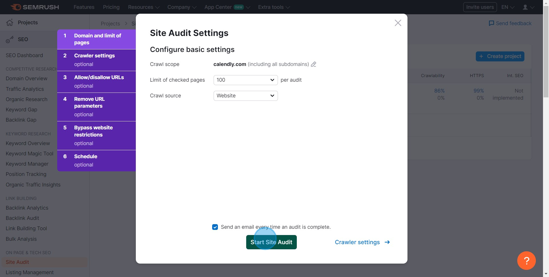 7 Click on "Start Site Audit"