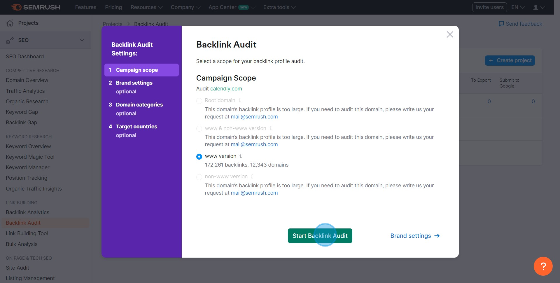 6 Click on "Start Backlink Audit"