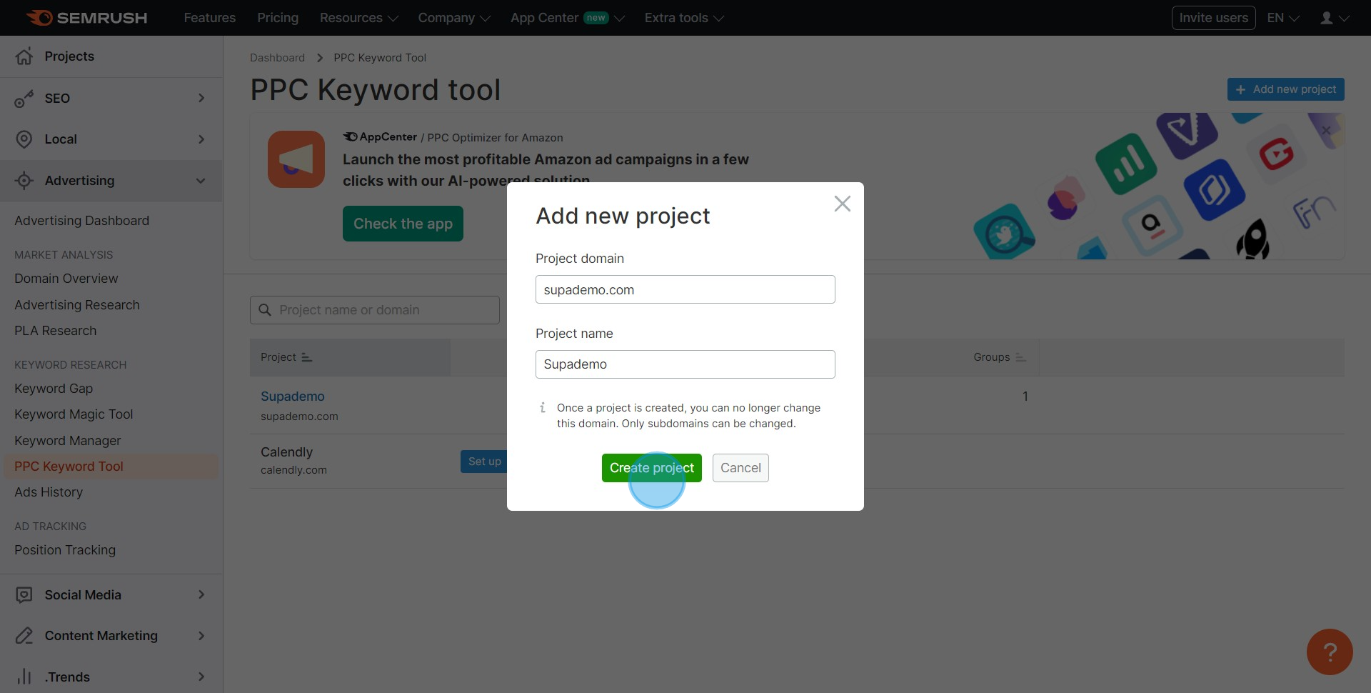 4 Click on "Create project"