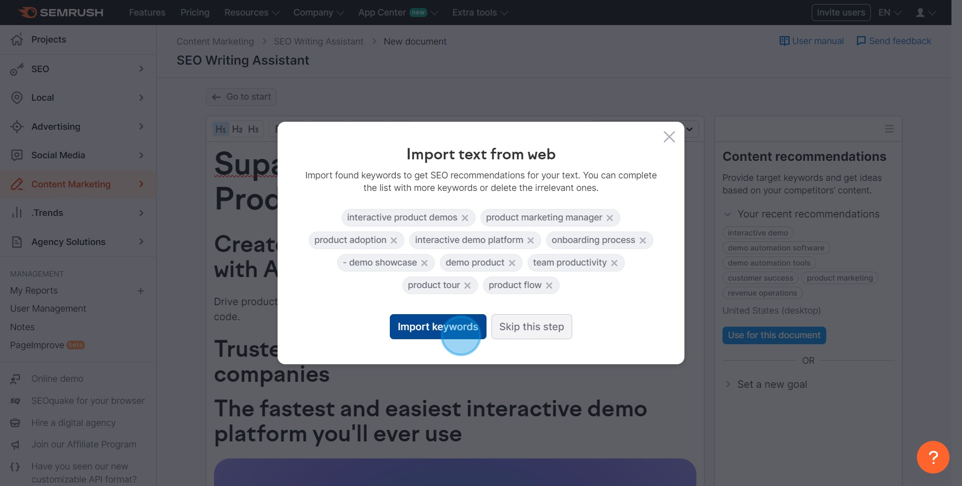 6 Click on "Import keywords"