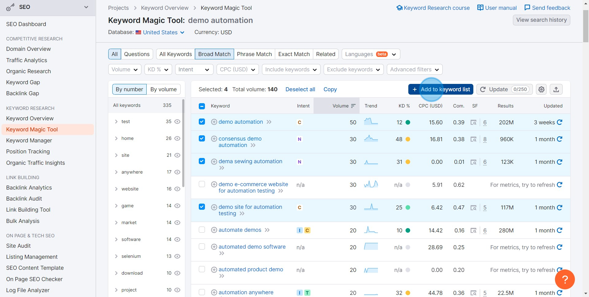 6 Click on "Add to keyword list"
