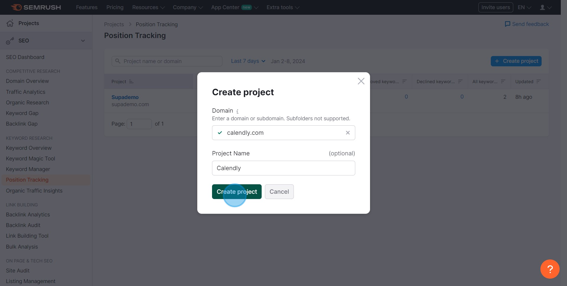 5 Click on "Create project"
