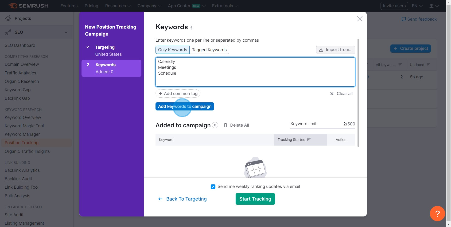 9 Click on "Add keywords to campaign"