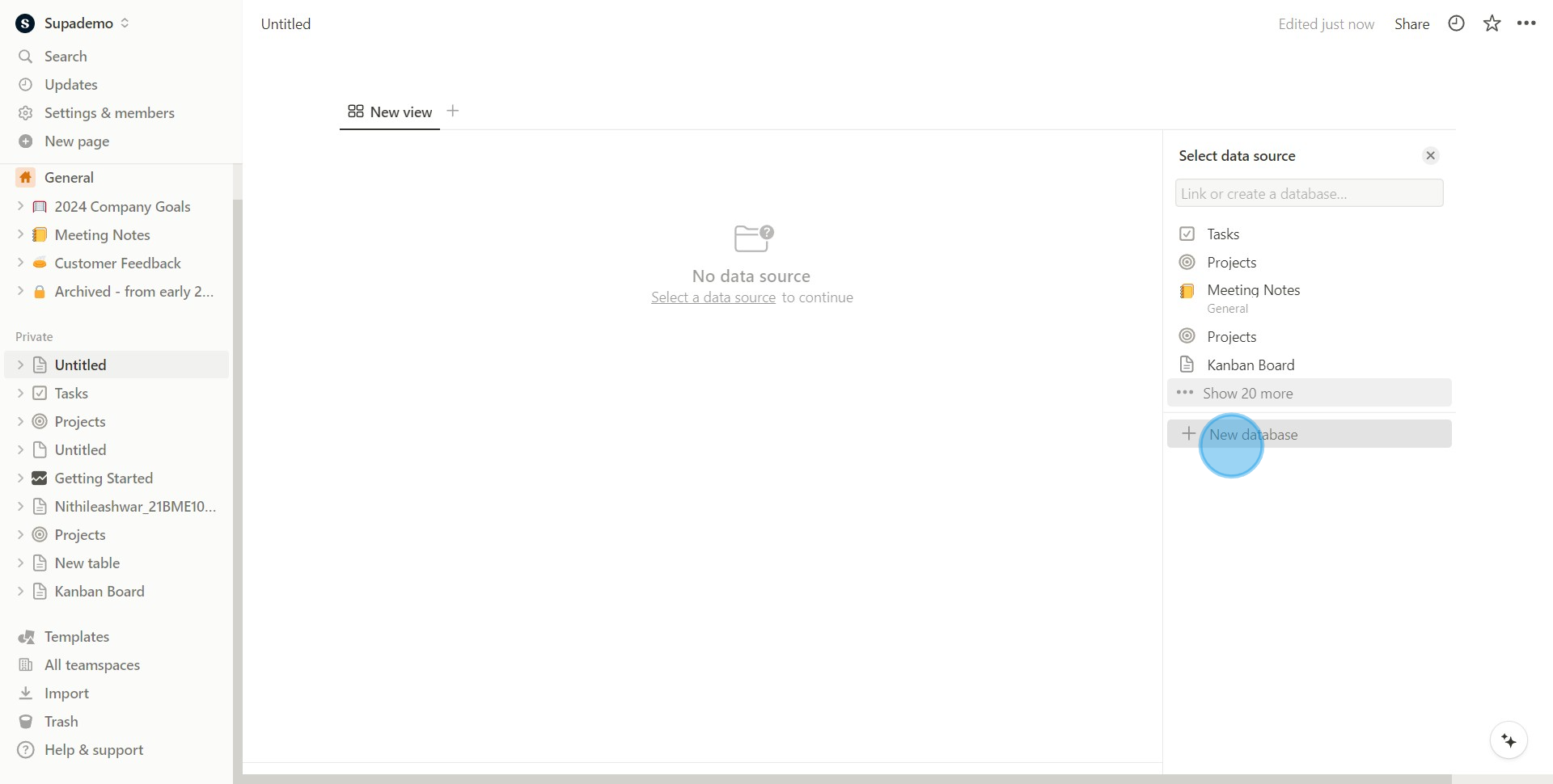 4 Click on "New database"