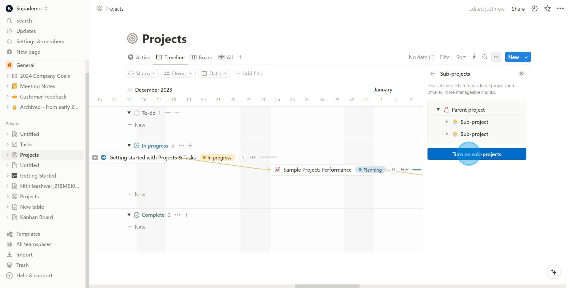 4 Click on "Turn on sub-projects"
