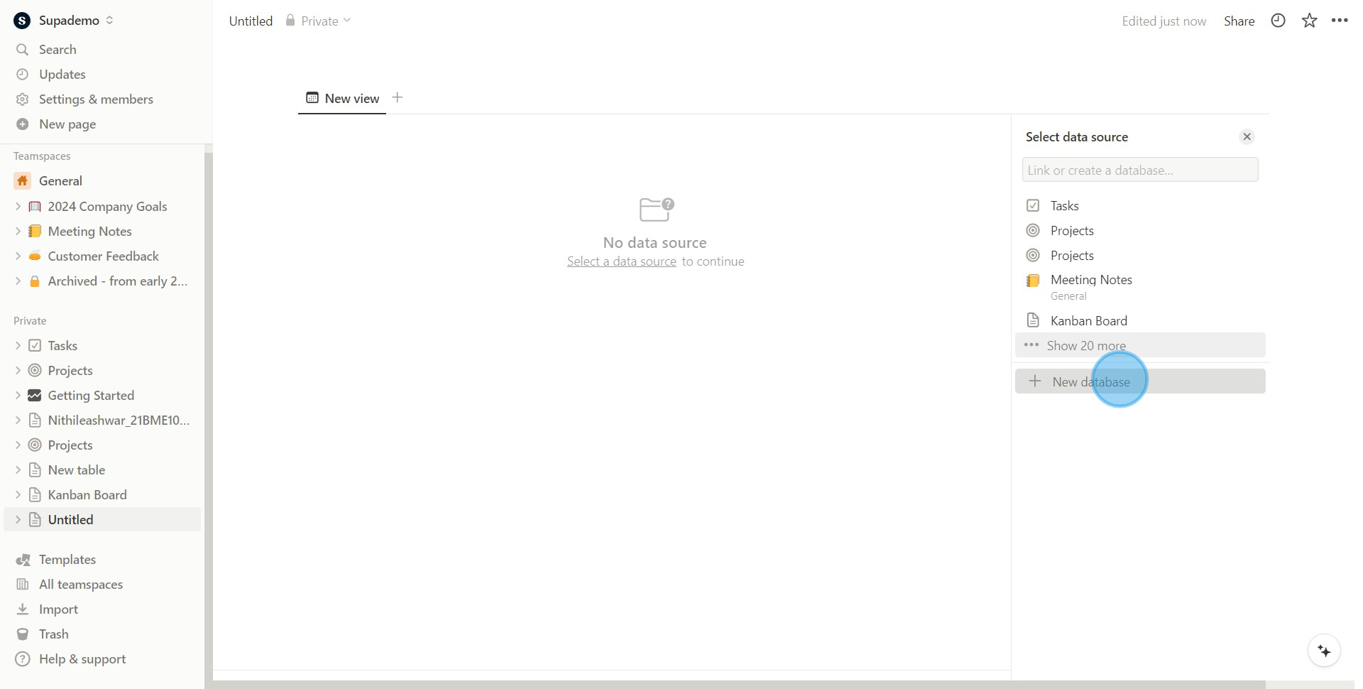 4 Click on "New database"