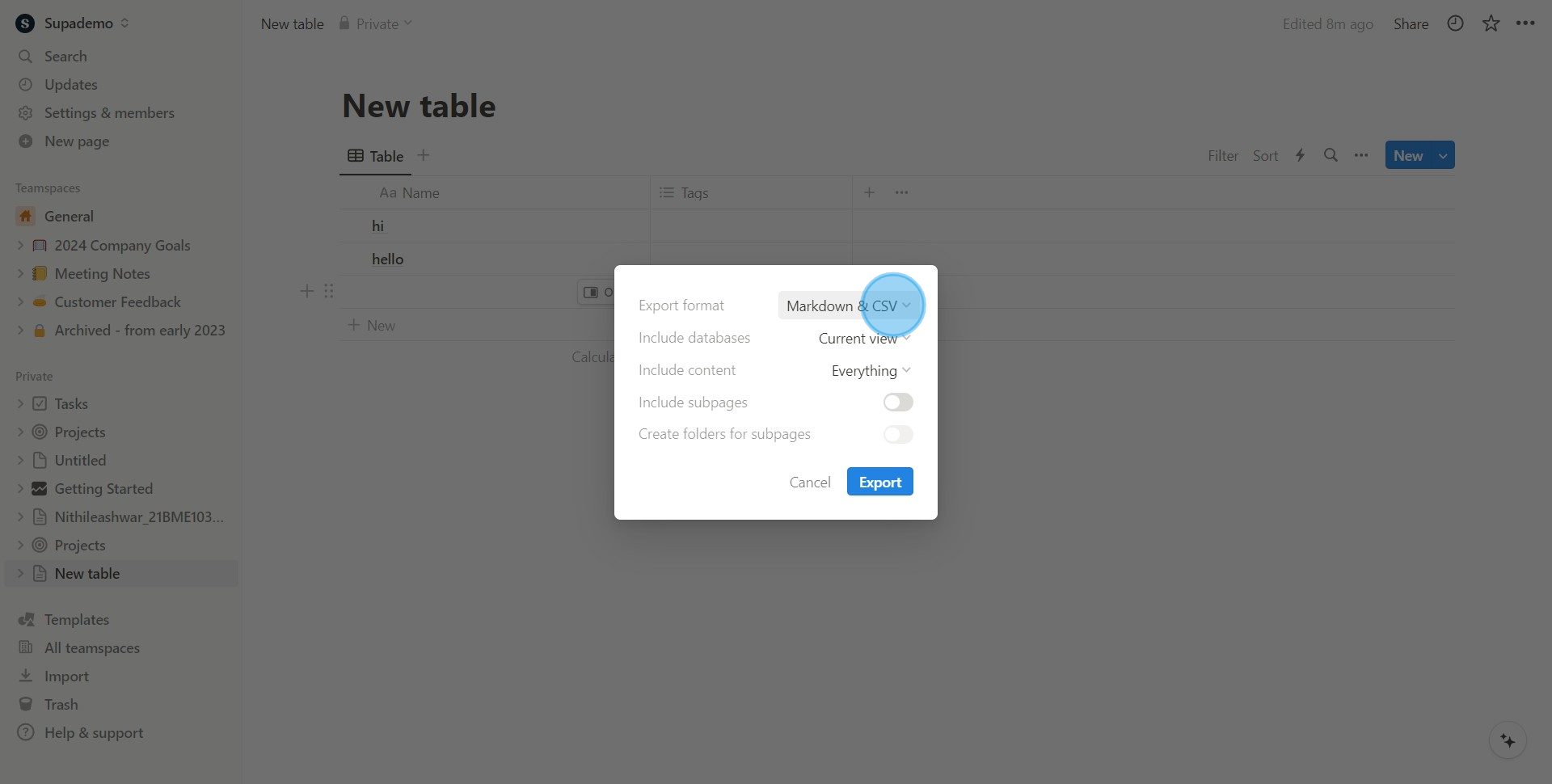 3 Click on "Markdown & CSV"