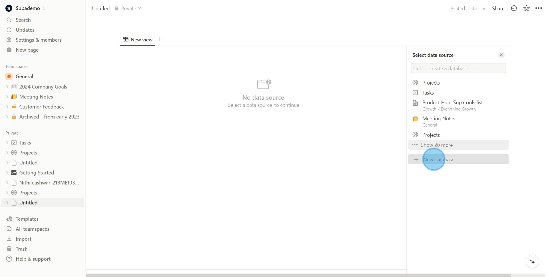 3 Click on "New database"