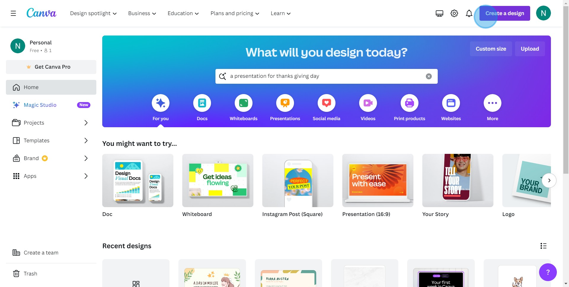1 Click on "Create a design"