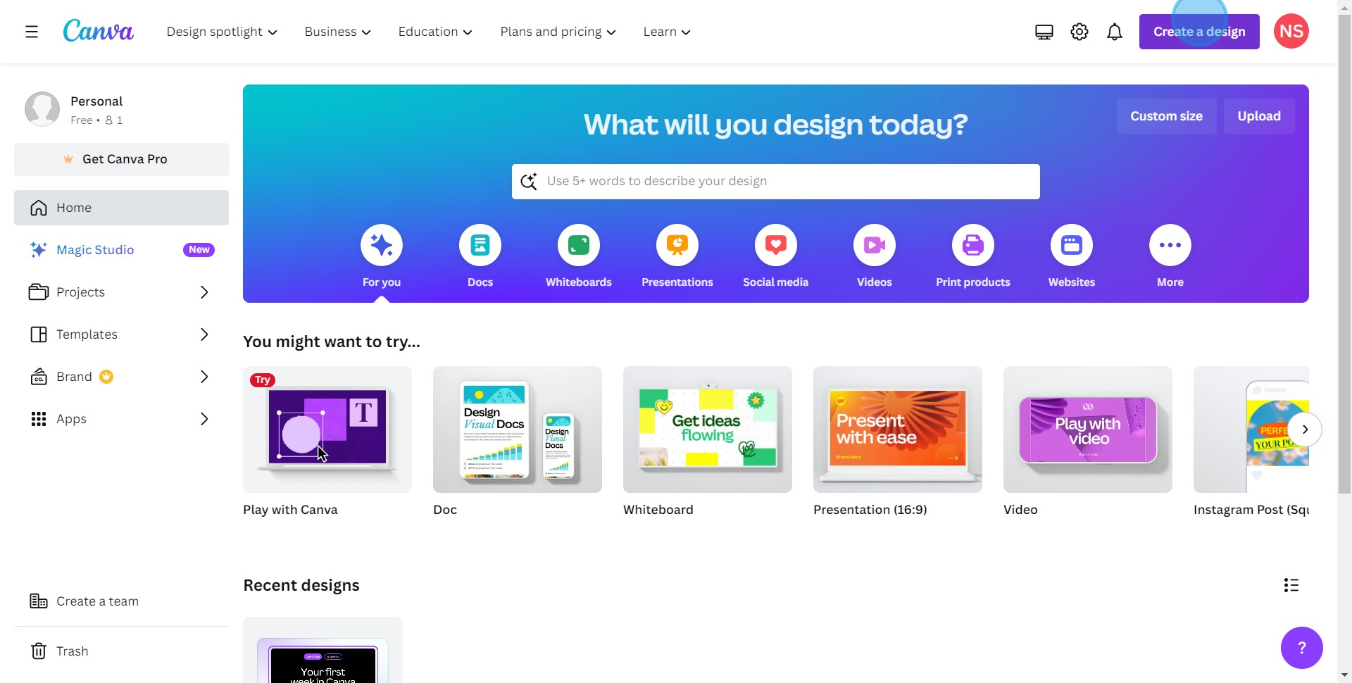 1 Click on "Create a design"