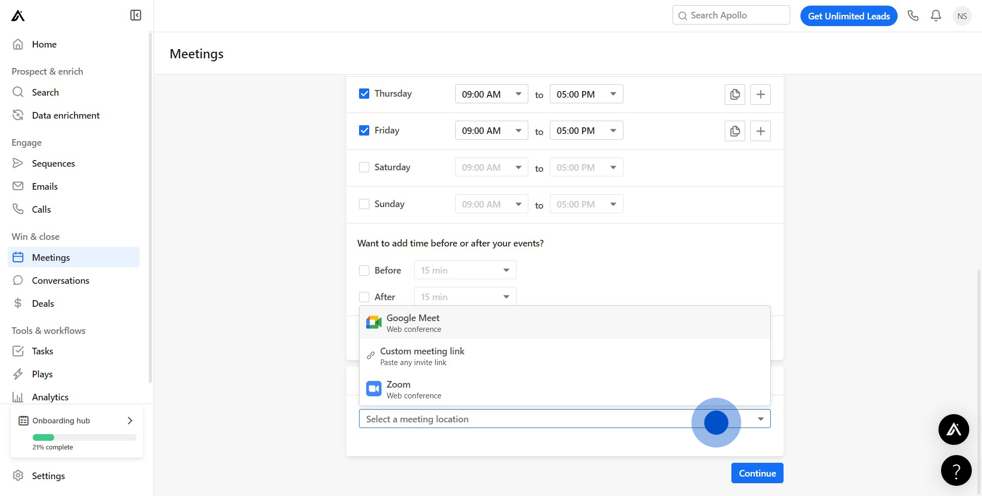 8 Click on "Select a meeting location"