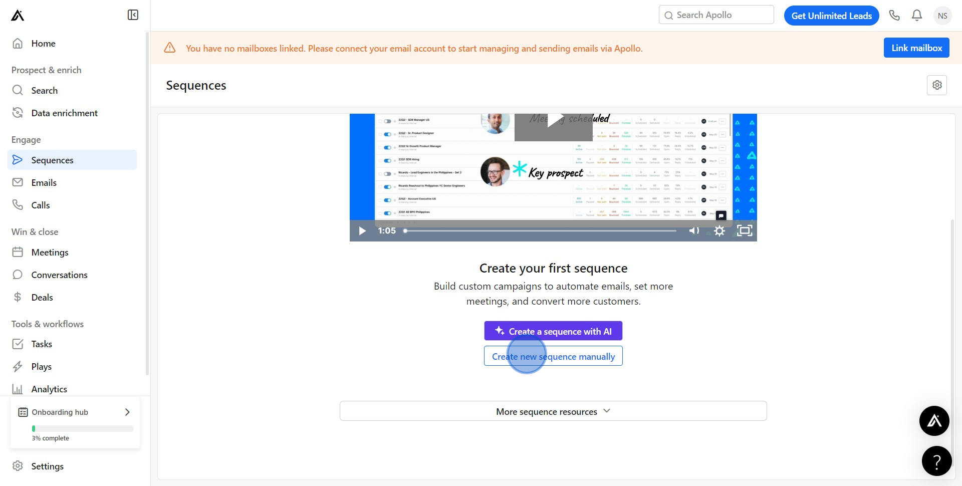 2 Click on "Create new sequence manually"