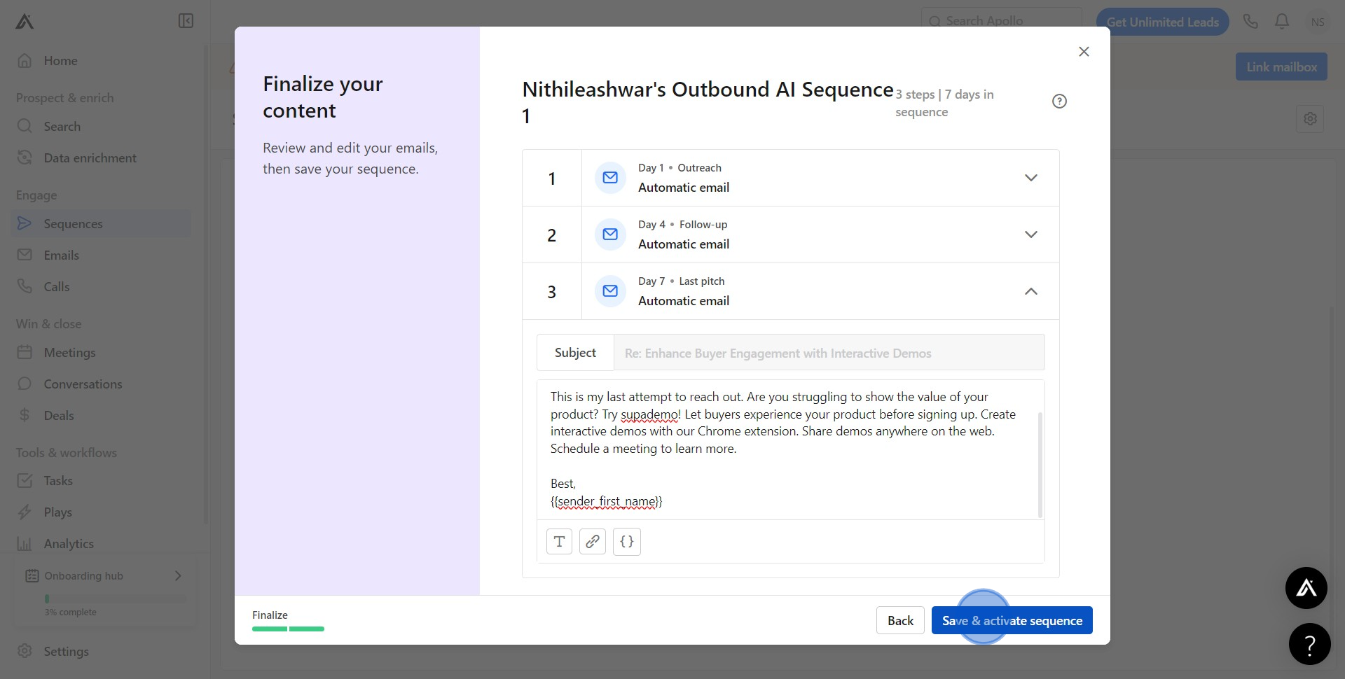 6 Click on "Save & activate sequence"
