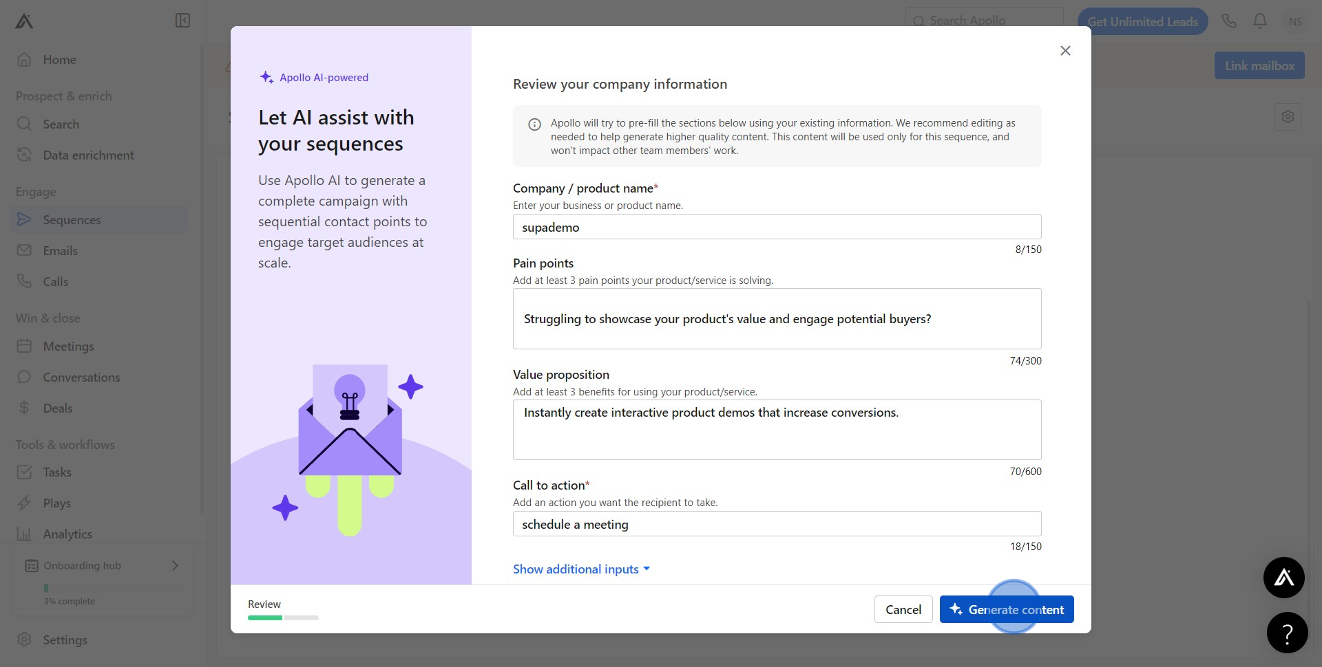 4 Click on "Generate content"