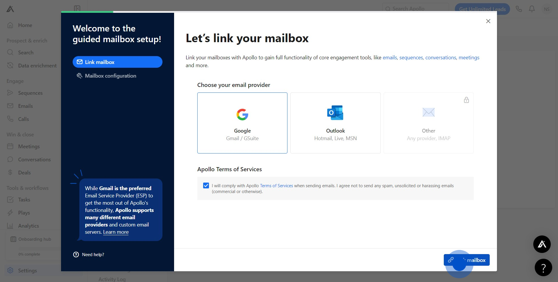 7 Click on "Link mailbox"