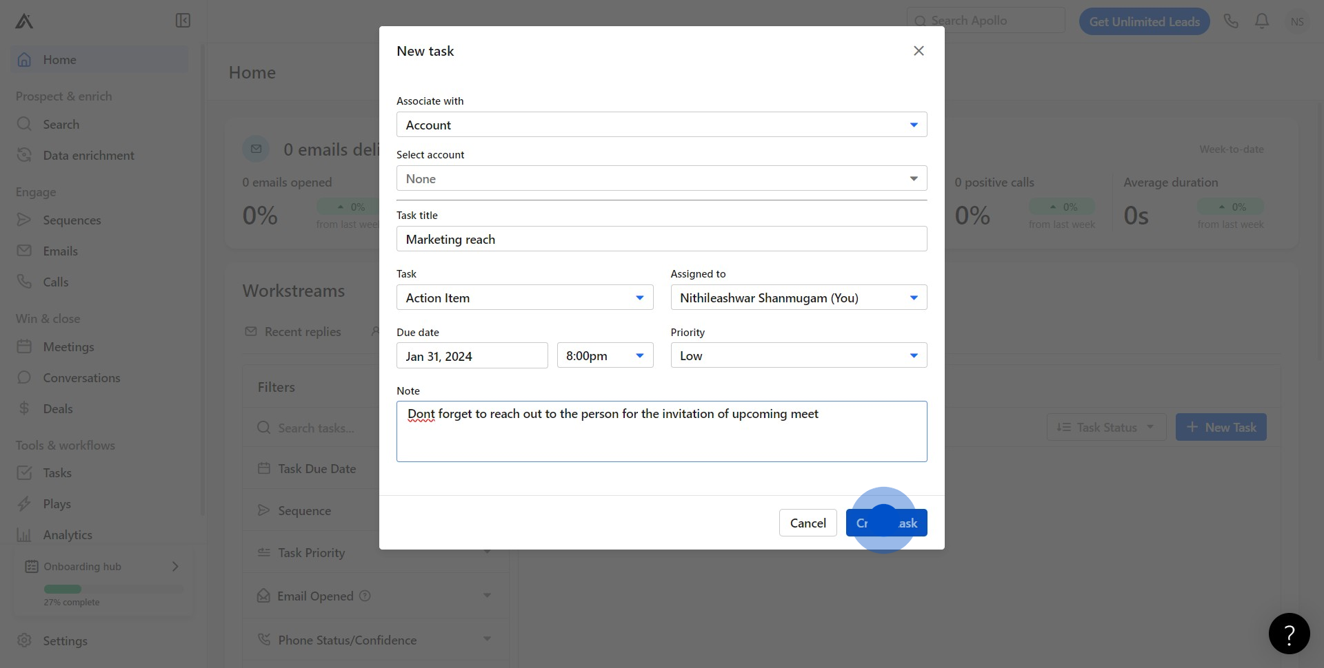 9 Click on "Create task"