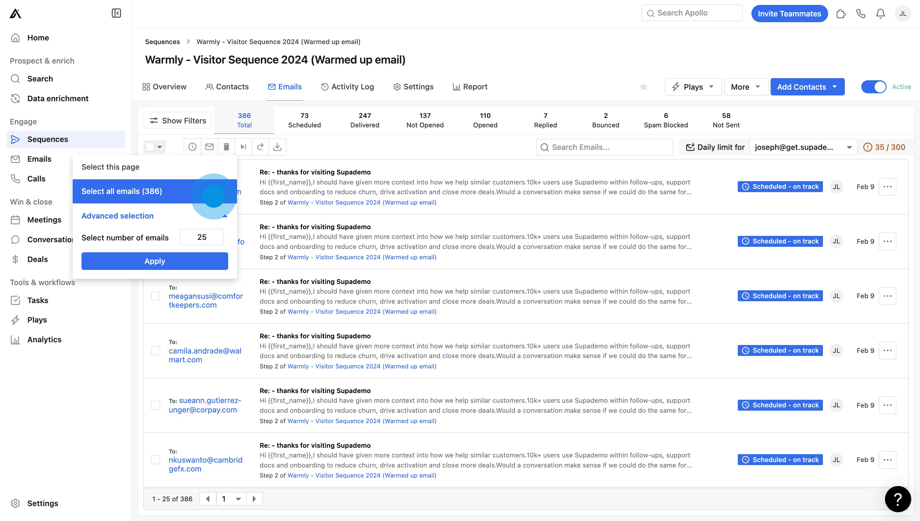 5 Click on "Select all emails (386)"