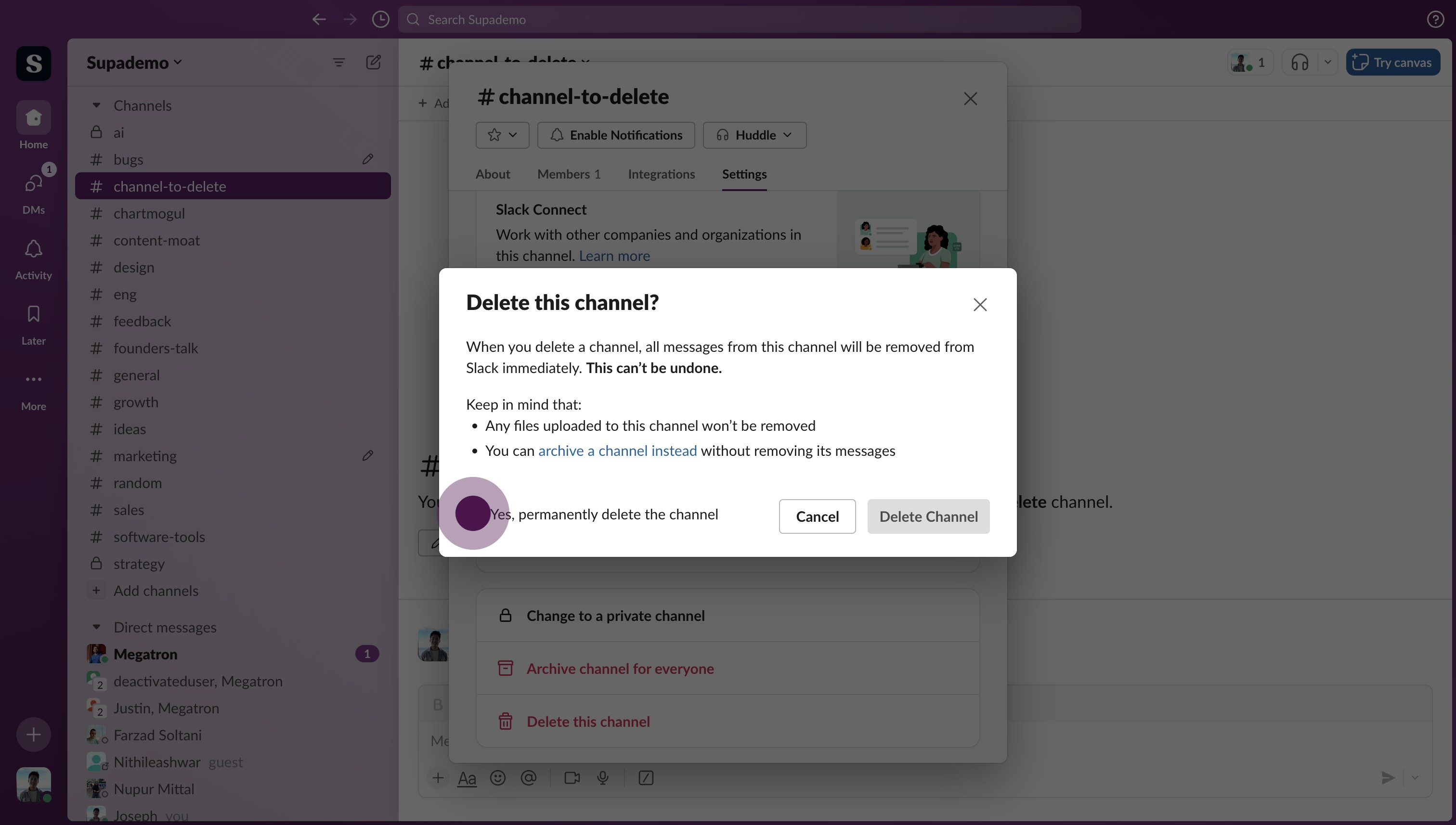 5 Click on "Yes, permanently delete the channel"