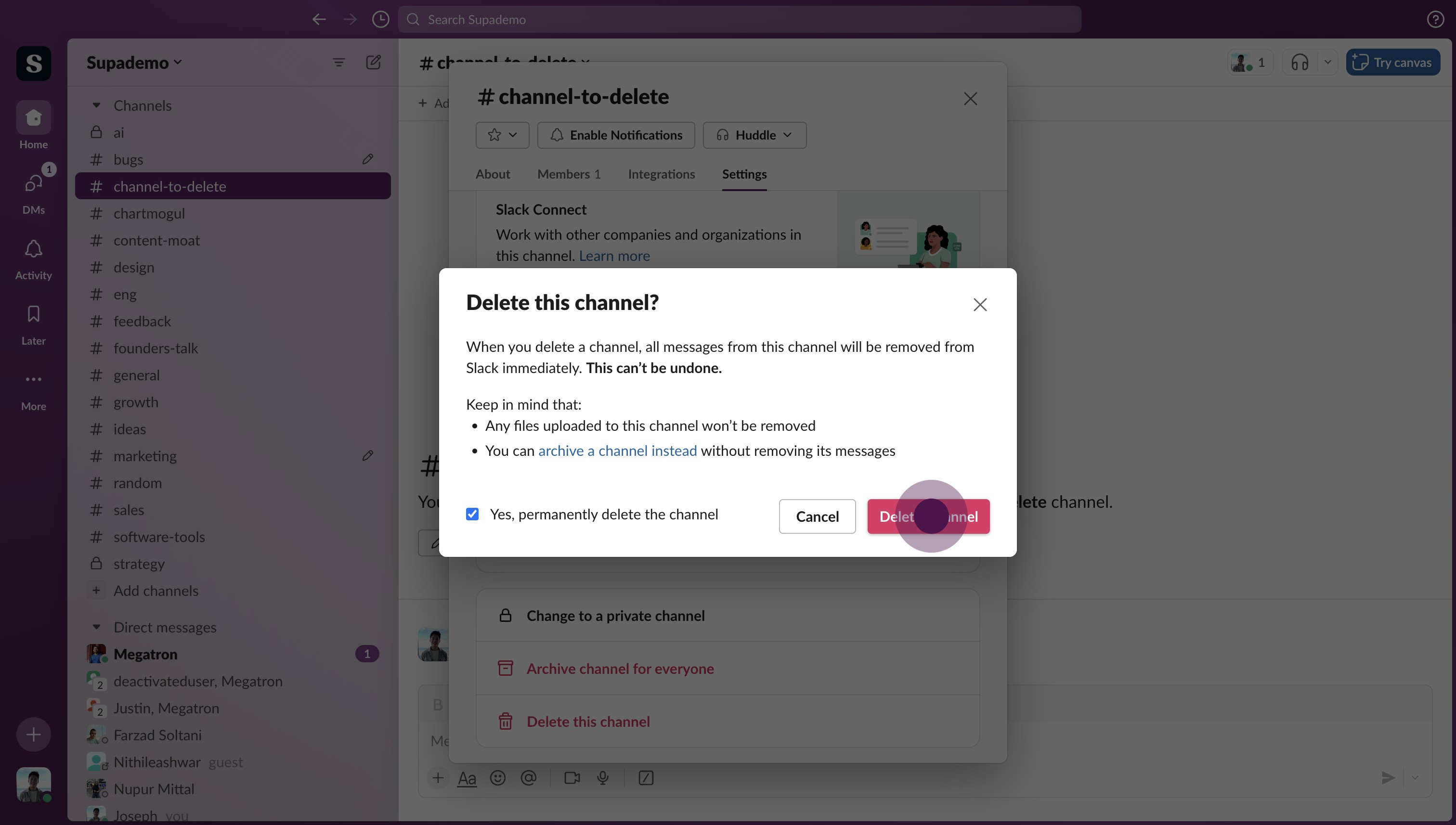 6 Click on "Delete Channel"