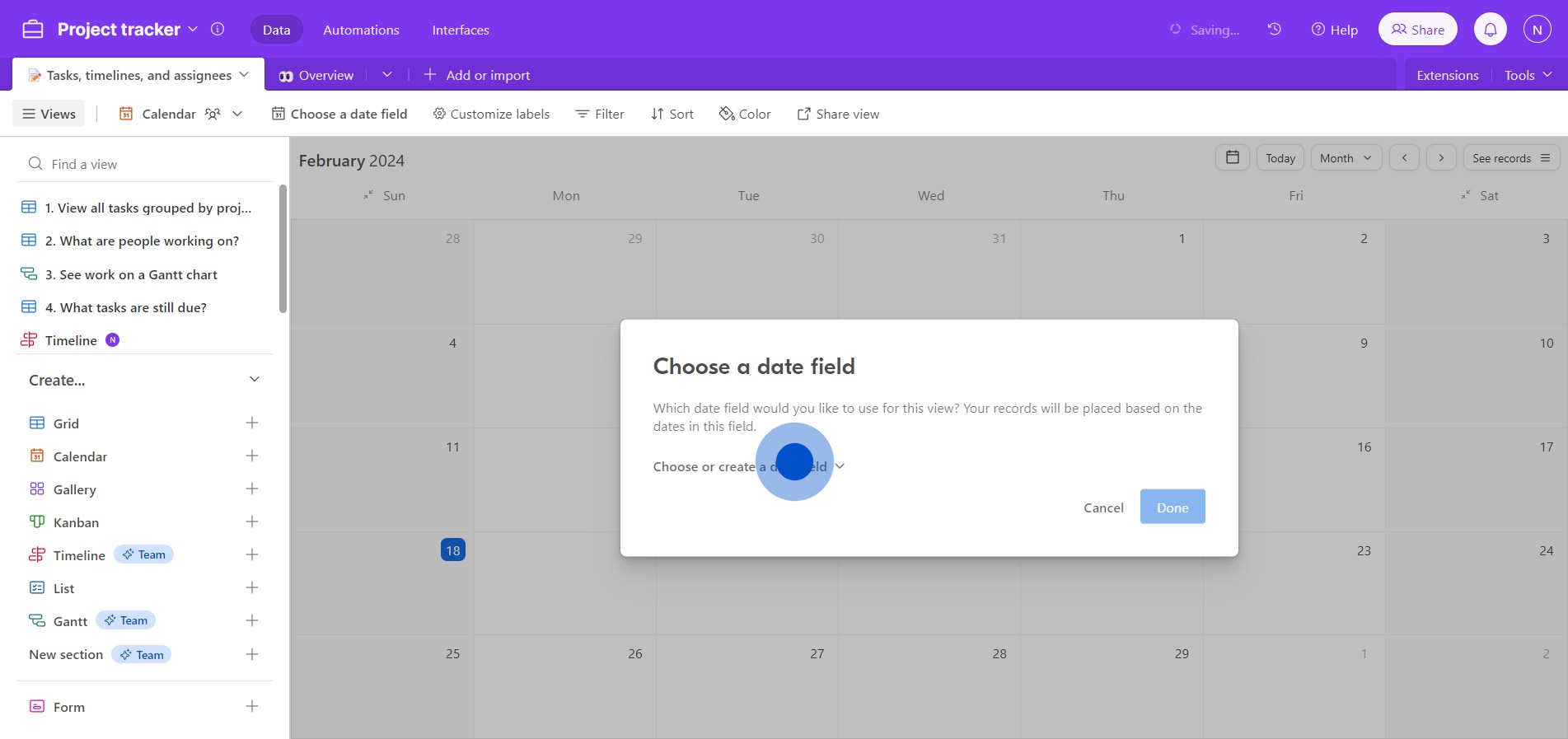 5 Click on "Choose or create a date field"