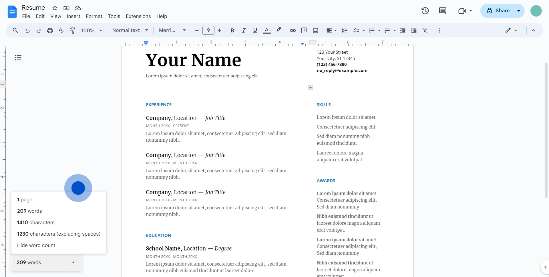 5 Click on "209 words"