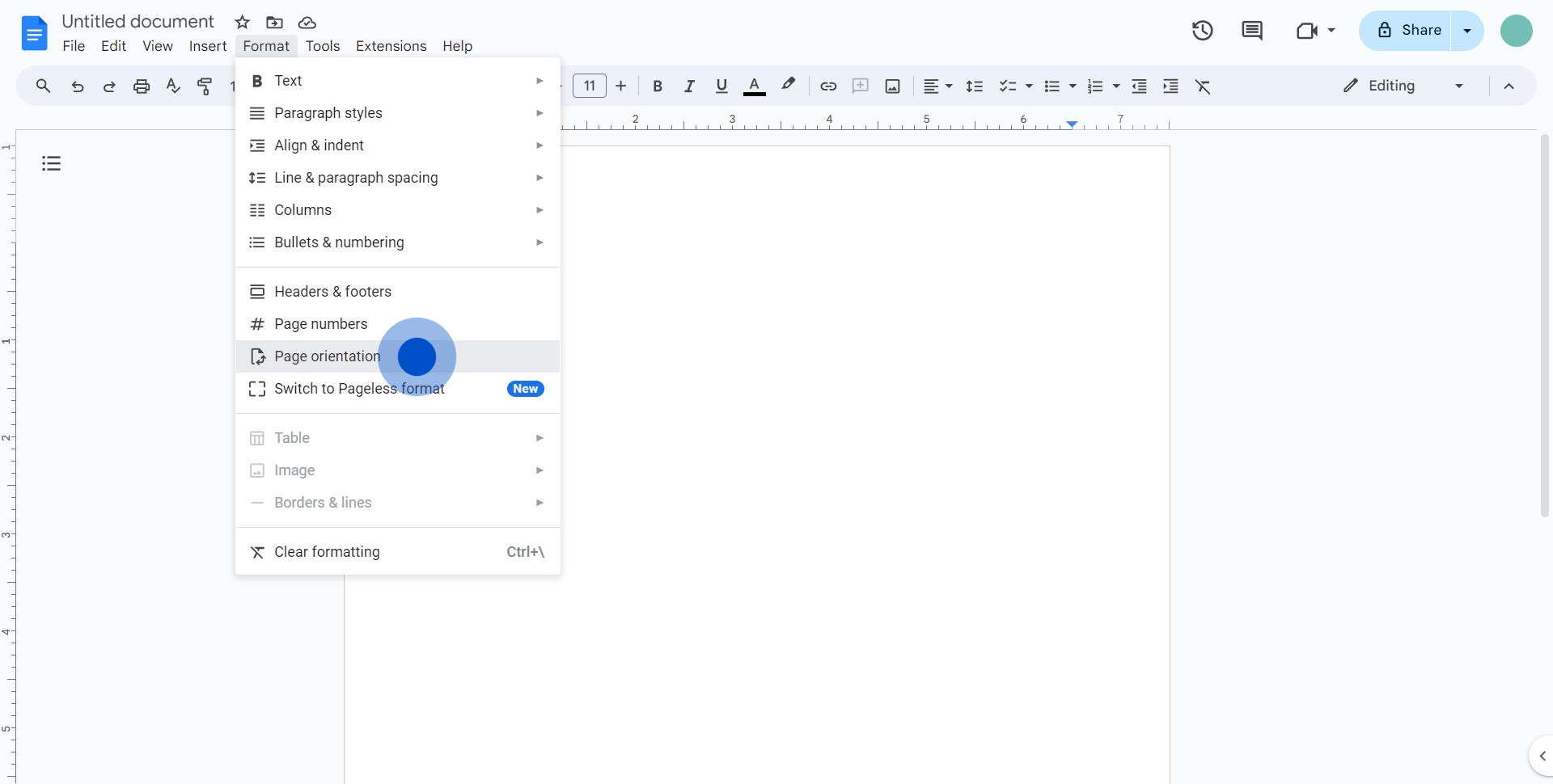 3 Click on "Page orientation"