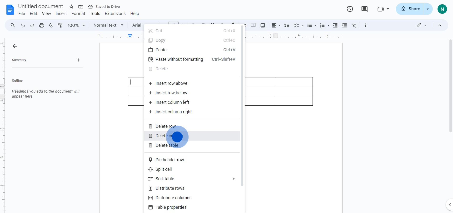 4 Click on "Delete column"
