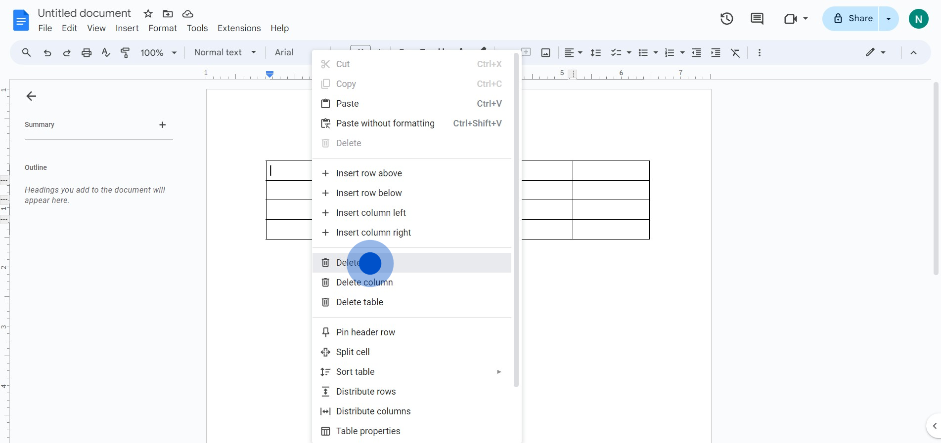 2 Click on "Delete row"