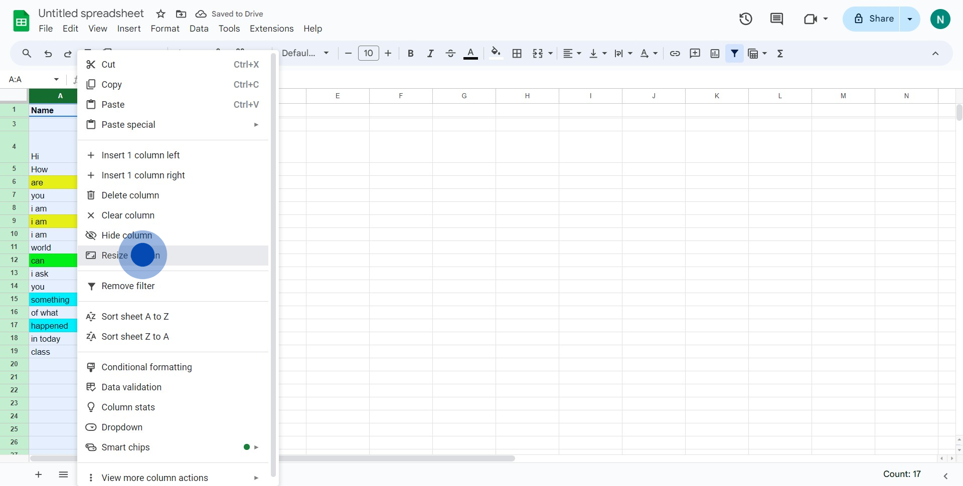 5 Click on "Resize column"