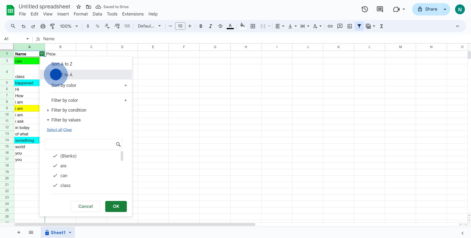 5 Click on "Sort Z to A"