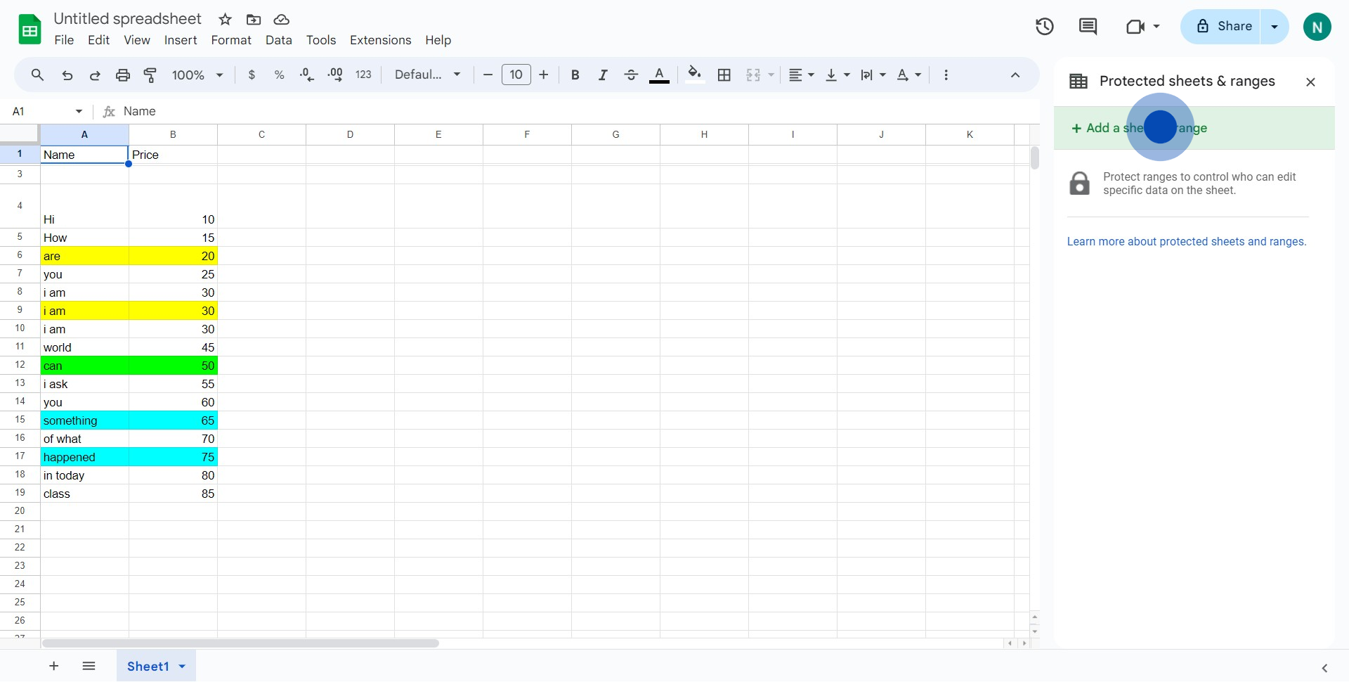 4 Click on "Add a sheet or range"