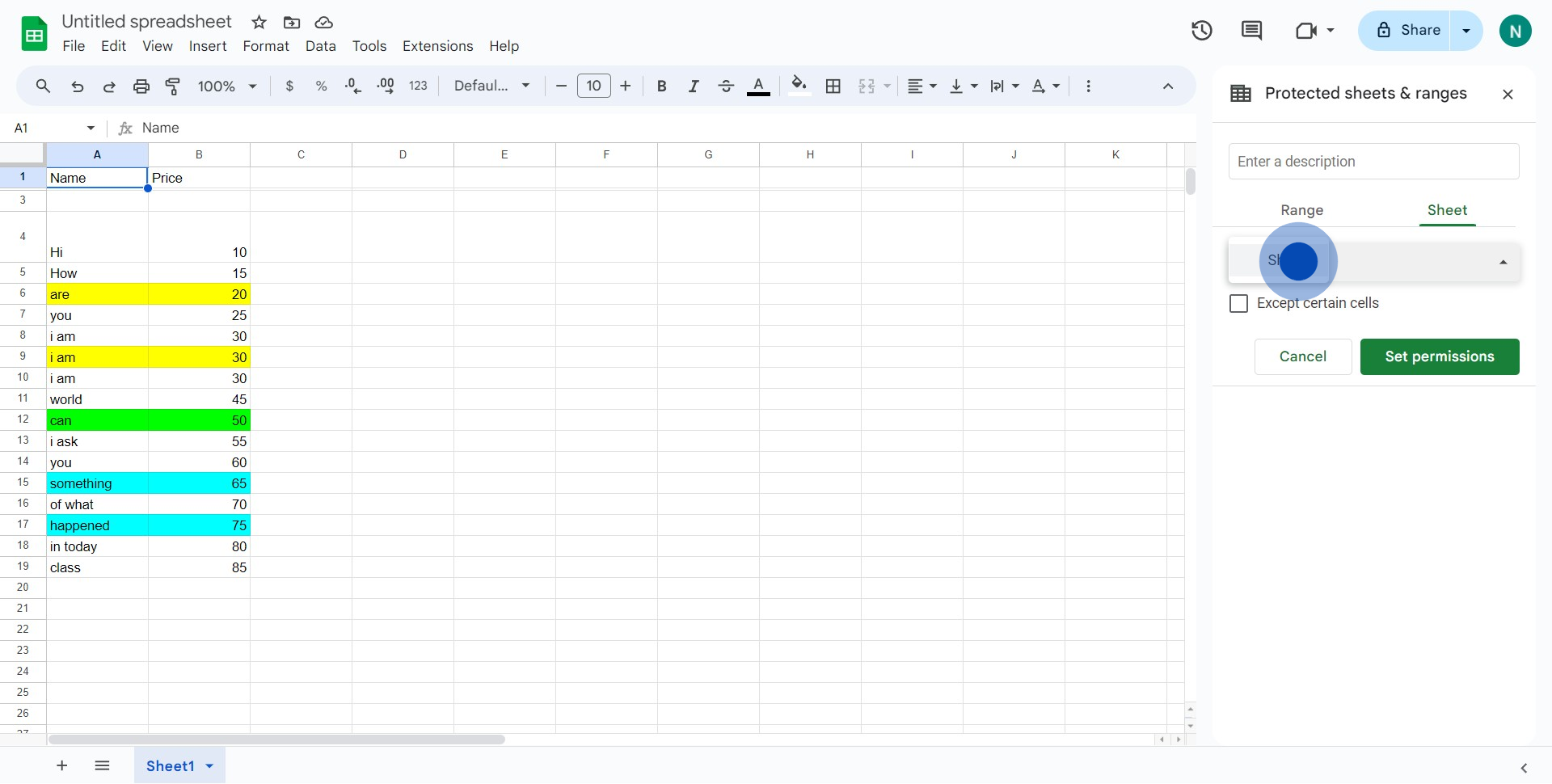 6 Click on "Sheet1"