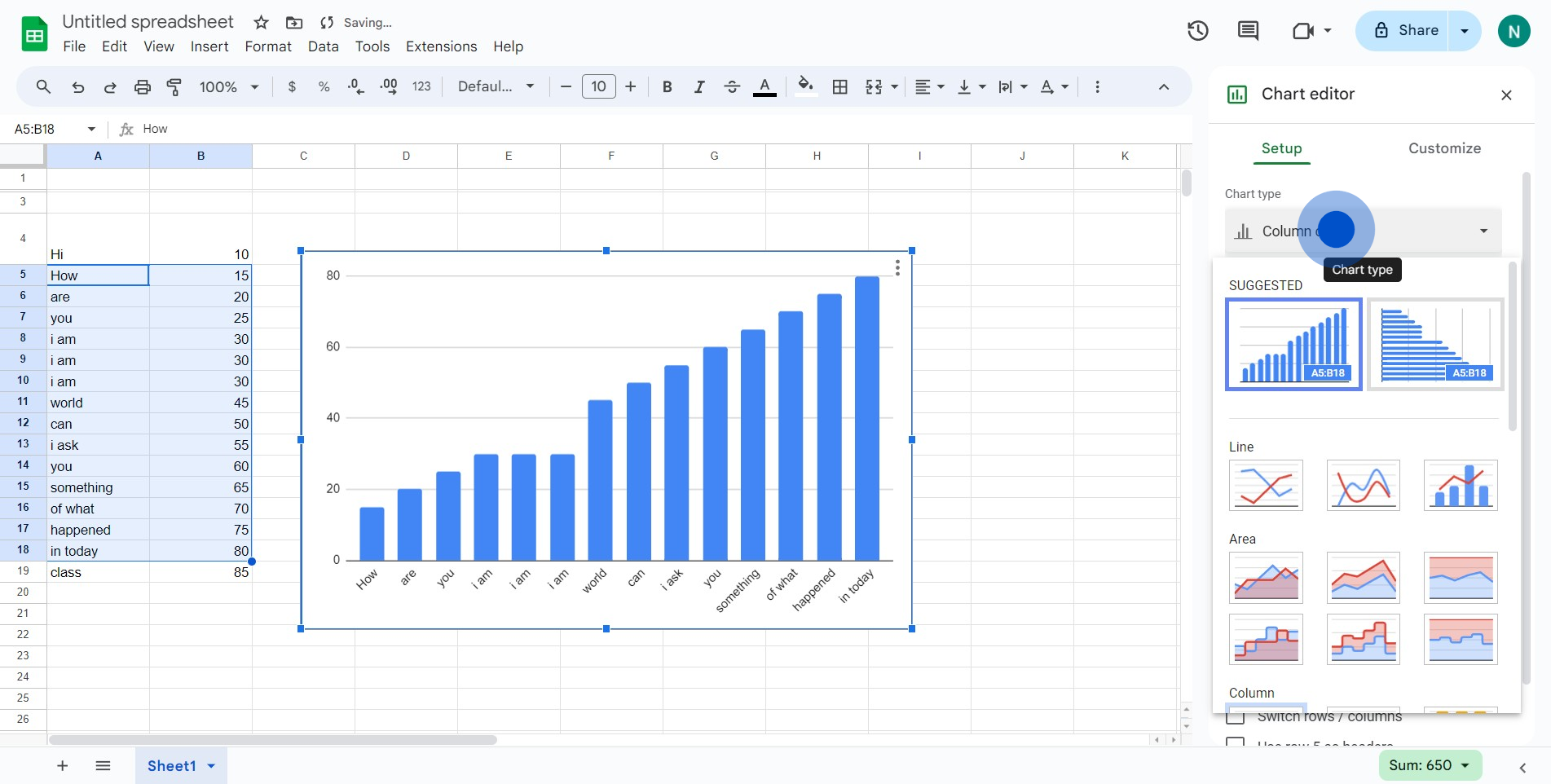 4 Click on "Column chart"
