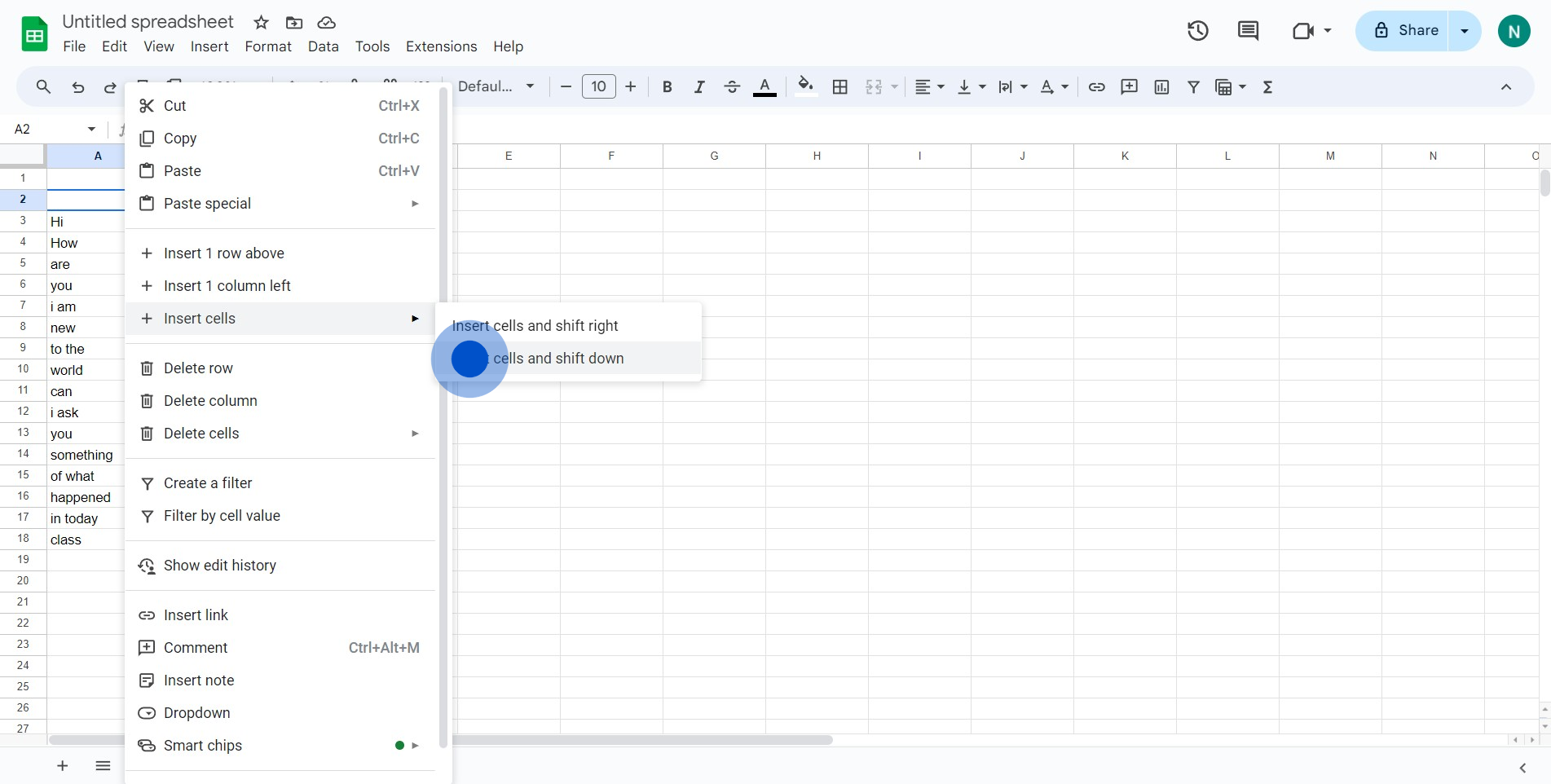 2 Click on "Insert cells and shift down"