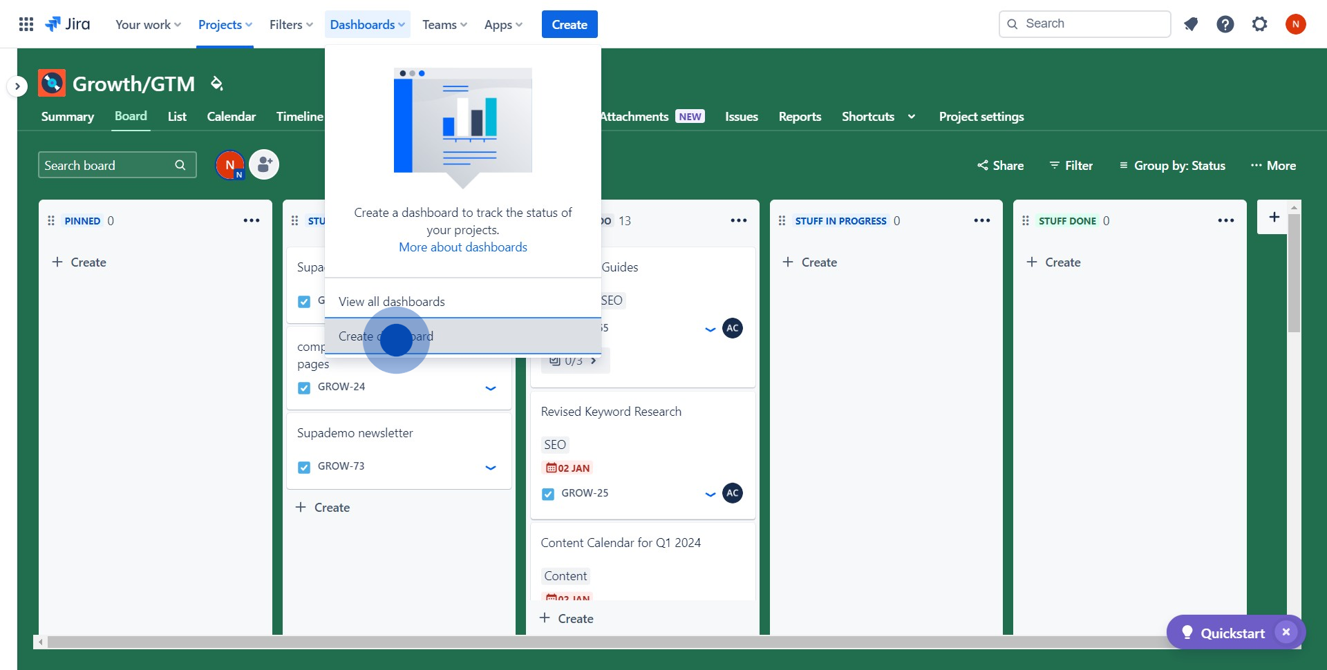 2 Click on "Create dashboard"