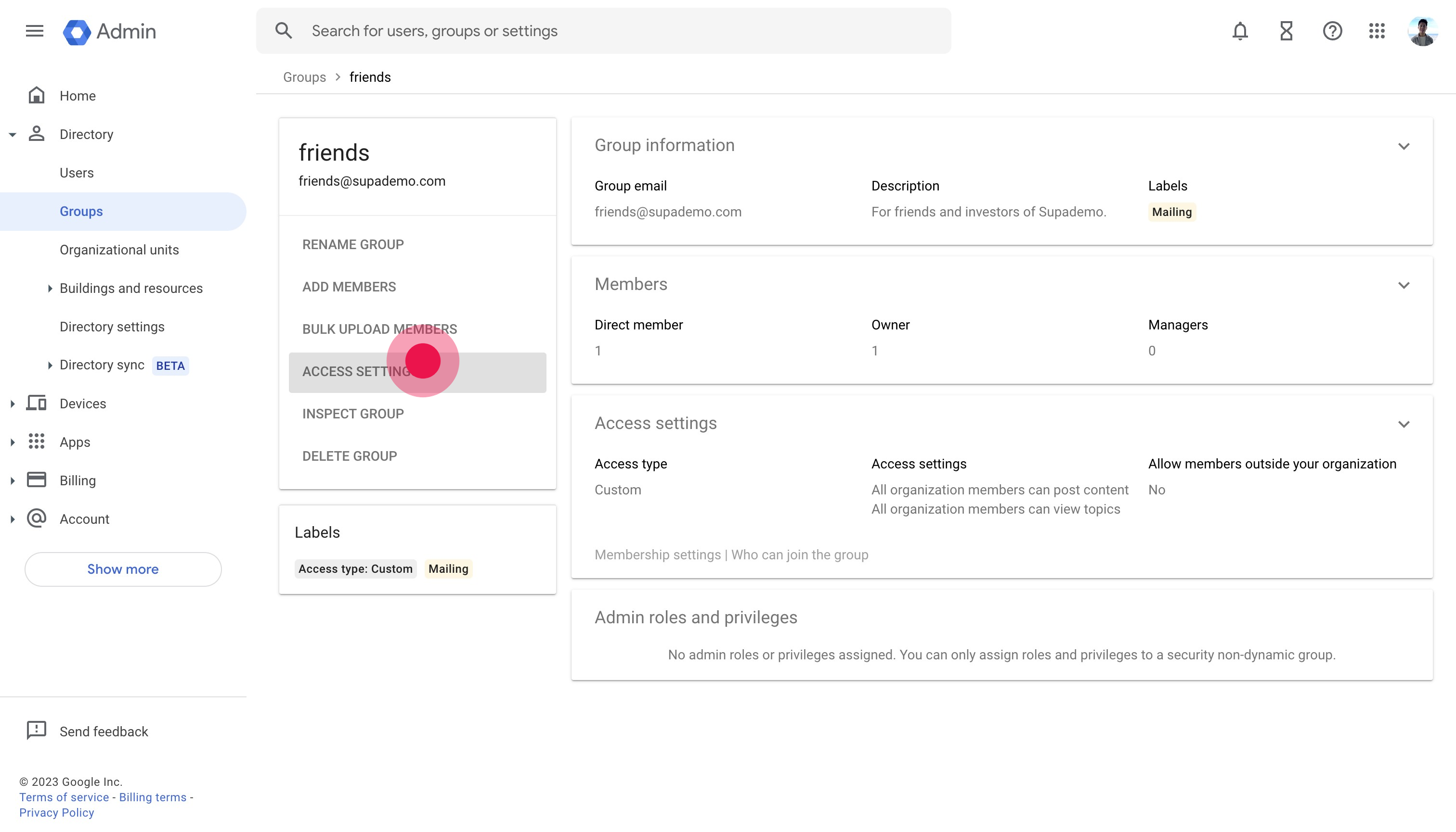 4 Click on "ACCESS SETTINGS"