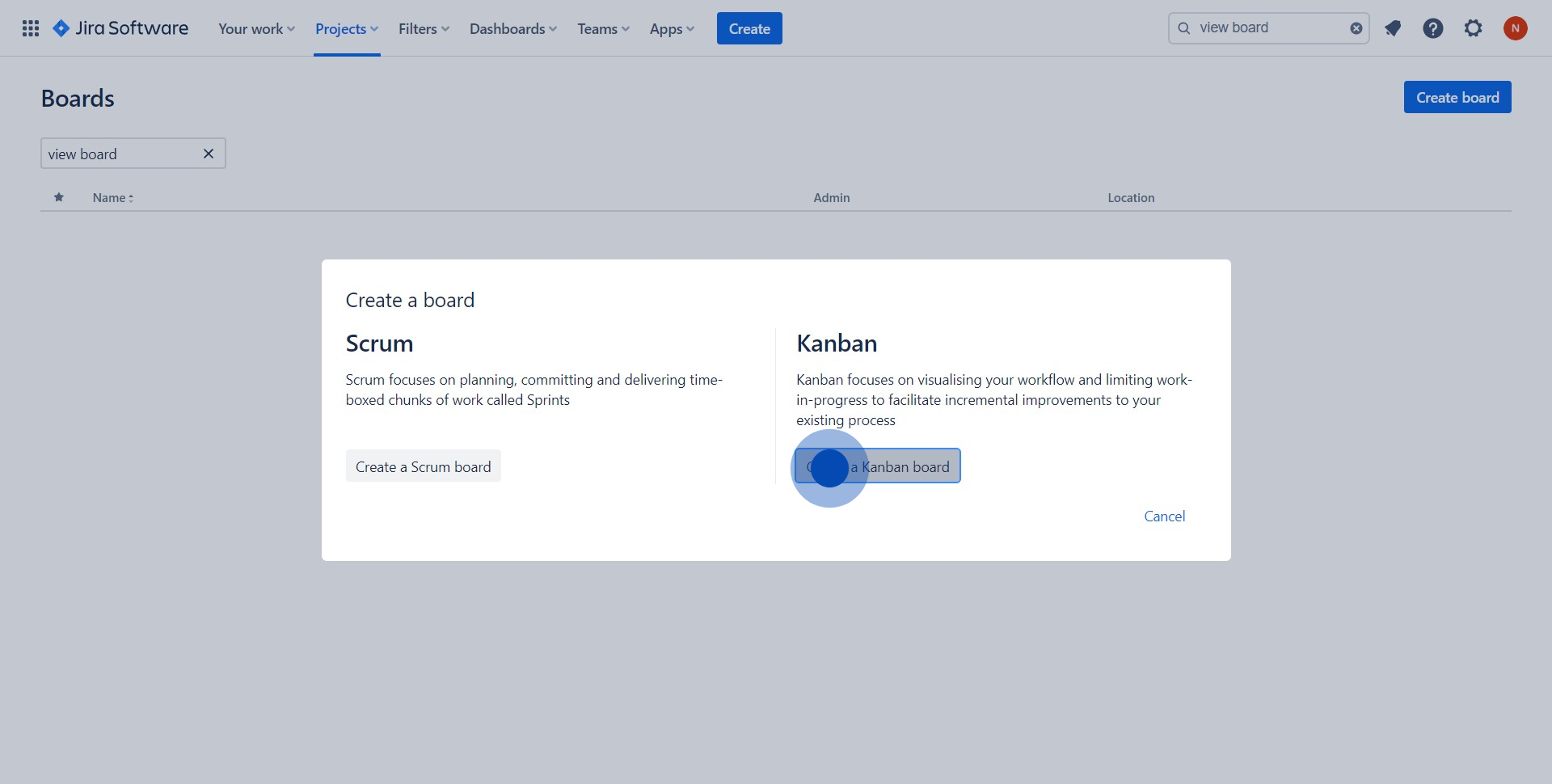 4 Click on "Create a Kanban board"