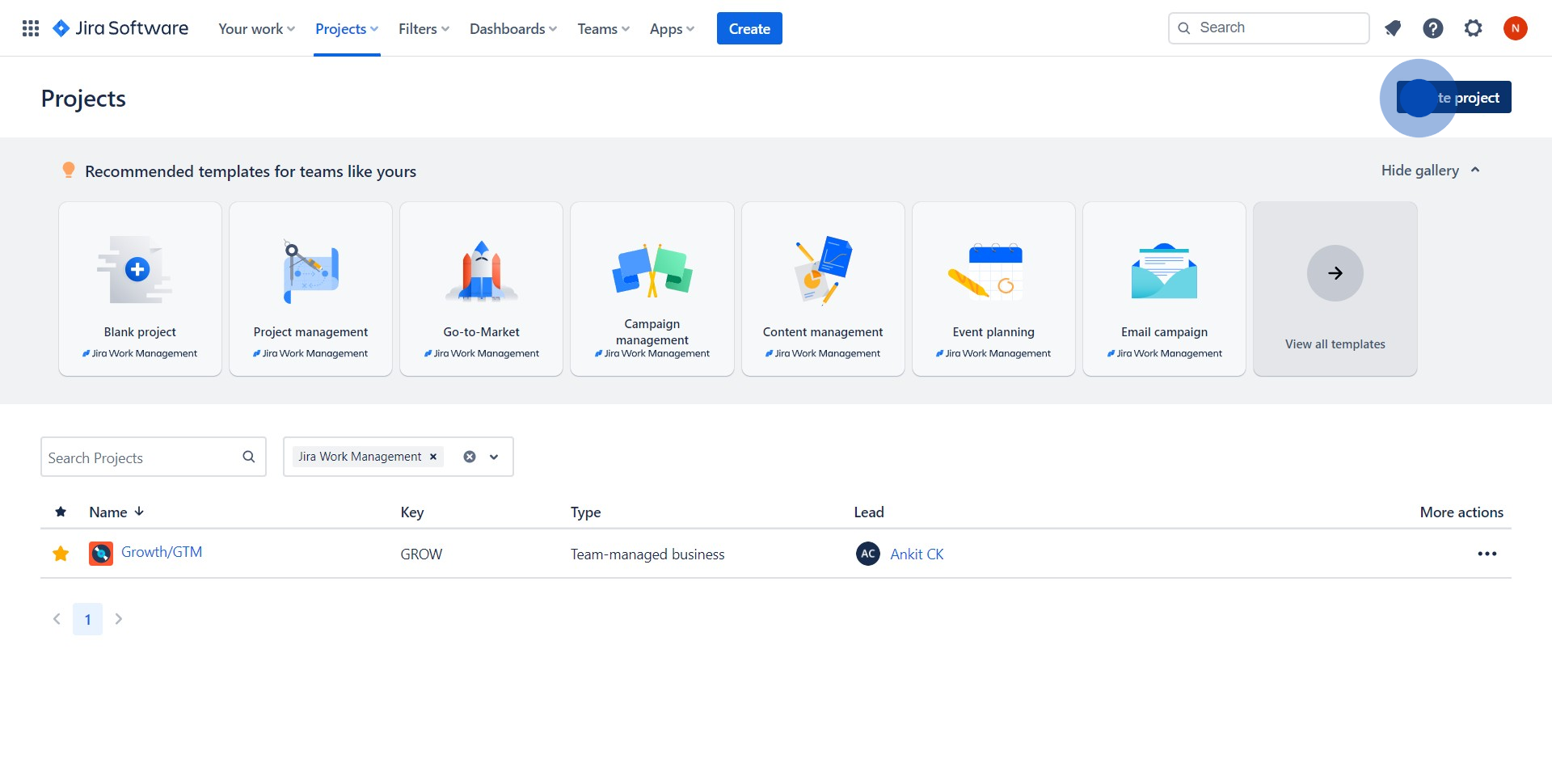 1 Click on "Create project"