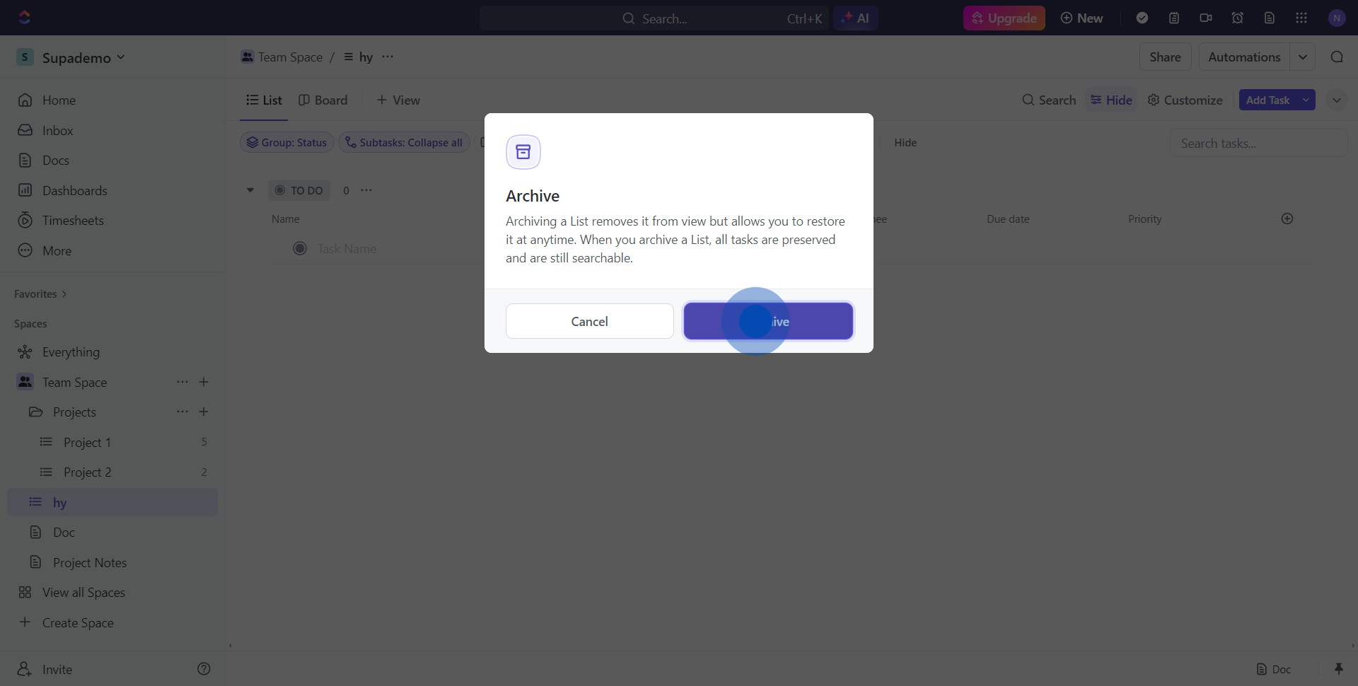 3 Click on "Archive"