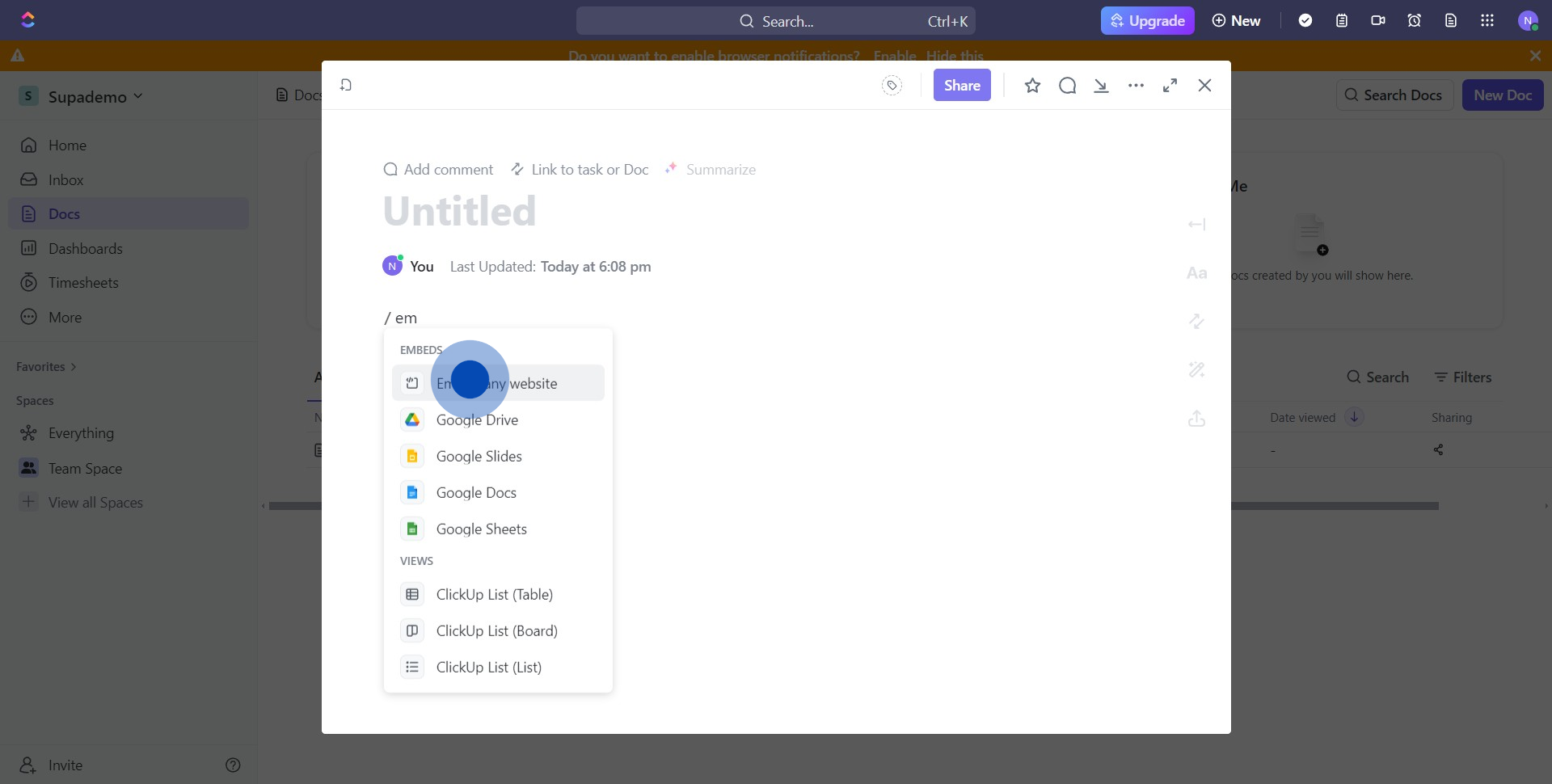 7 Click on "Embed any website"