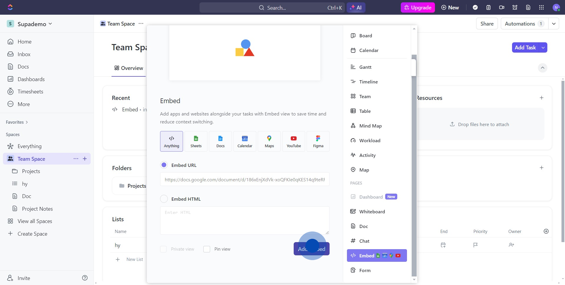 6 Click on "Add Embed"