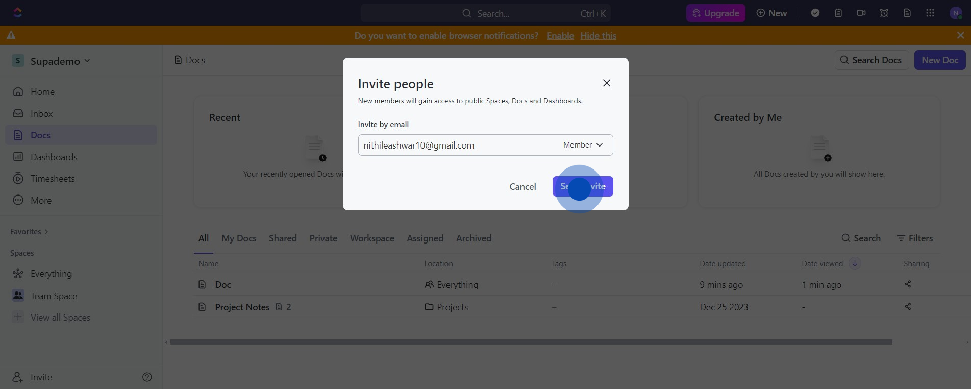 6 Click on "Send invite"