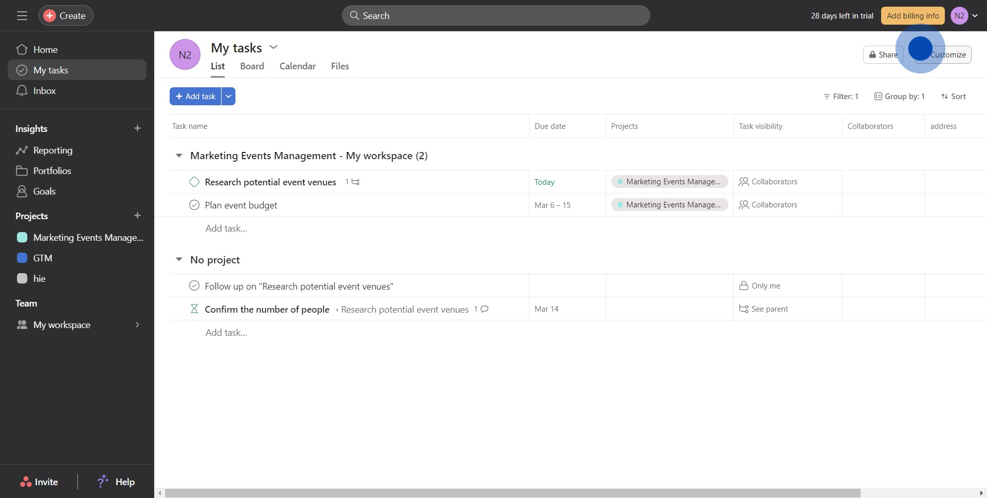 2 Click on "Customize"