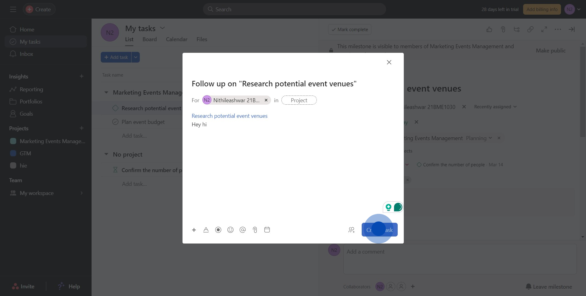 5 Click on "Create task"