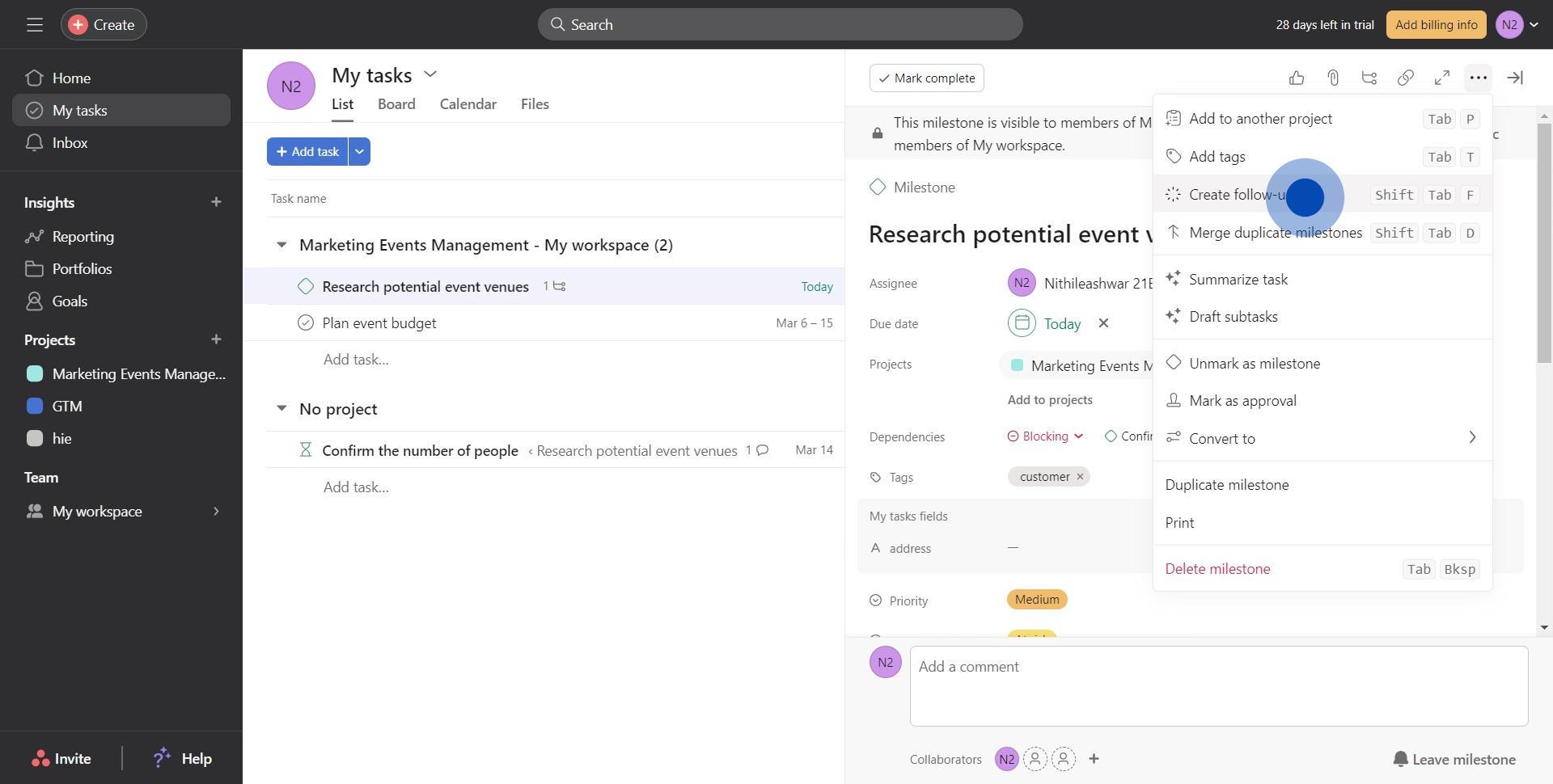 3 Click on "Create follow-up task"