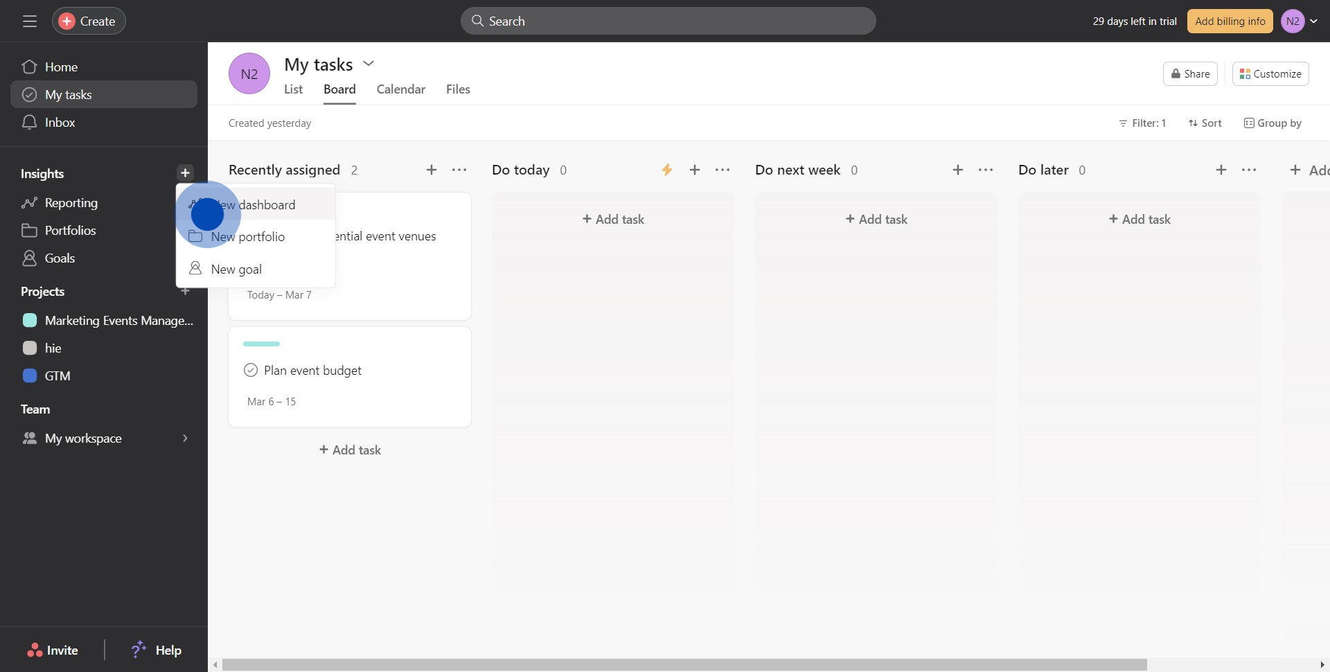2 Click on "New dashboard"