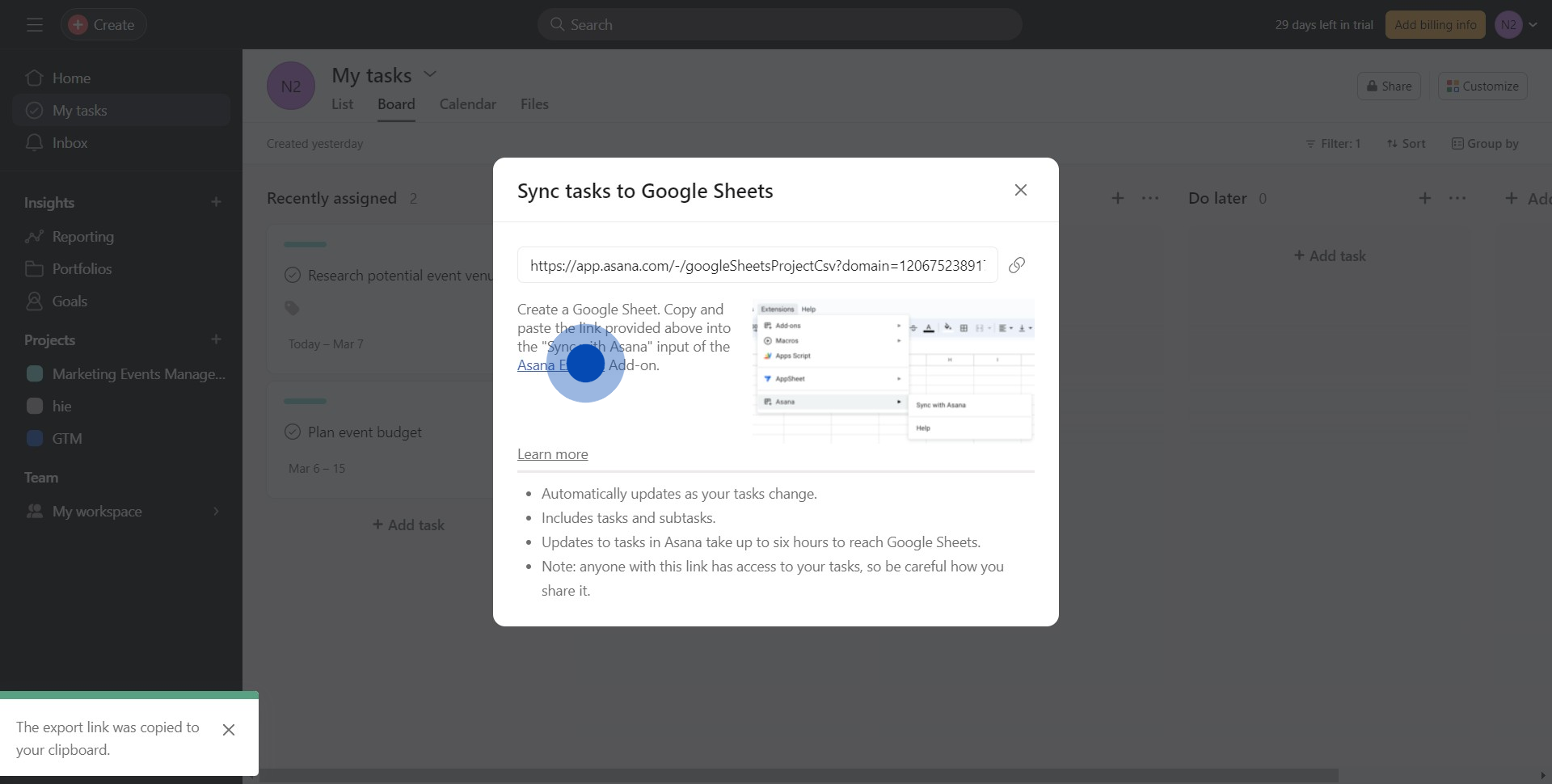 5 Click on "Asana Exports"