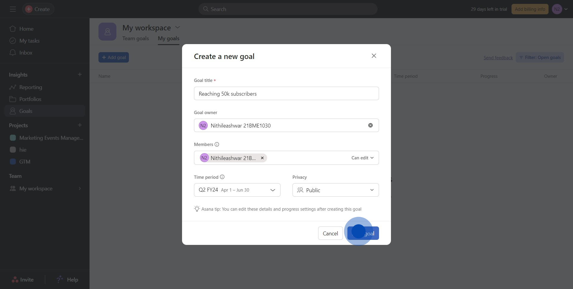 4 Click on "Save goal"